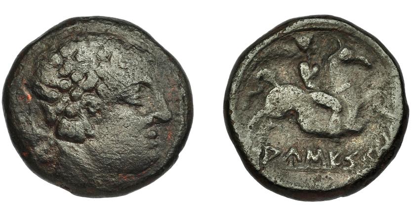 1053   -  HISPANIA ANTIGUA. AUSESKEN. As. A/ Cabeza masculina a der., detrás jabalí, poco visible. R/ Jinete con palma a der., debajo sobre línea AUSESKeN. AE 12,81 g. 25,8 mm. I-170. ACIP-1301. Pátina oscura. BC+.