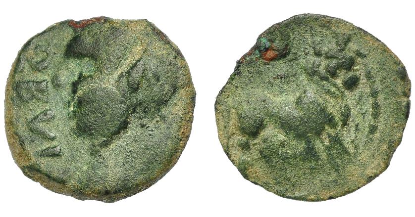 1580 - HISPANIA ANTIGUA. OBULCO. Semis. A/ Cabeza masculina a izq., delante externa OBVL. R/ Toro a der., encima creciente. AE4,02 g. 19,84 mm. I-No. ACIP-2268, este ejemplar. Pátina verde. BC+. Rarísima. Ex Áureo, 24-7-2000, lote 319.