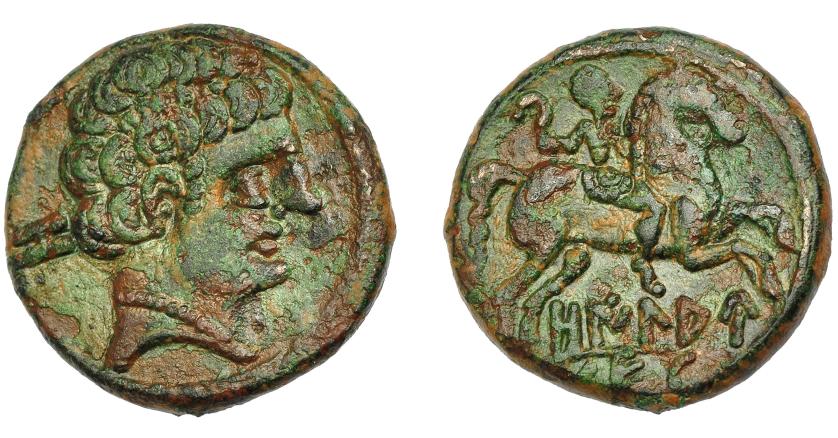 1586 - HISPANIA ANTIGUA. OILAUNIKOS. Unidad. A/ Cabeza masculina a der., detrás signo ibérico O. R/ Jinete con hoz de guerra a der., debajo OILAU/NES. AE 7,8 g. 22,83 mm. I-1868. ACIP-1801. Pátina verde irrgular con pequeñas erosiones. MBC+/MBC. Muy escasa.