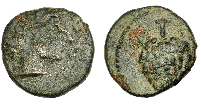 1589 - HISPANIA ANTIGUA. OLONTIGI. Mitad. A/ Cabeza masculina a der. R/ Piña a der. debajo ley. púnica l´nt, poco visible. AE4,16 g. 18,47 mm. I-1878. ACIP-854. Pátina oscura. BC-/BC+. Rara. Compra privada Pliego (1998).