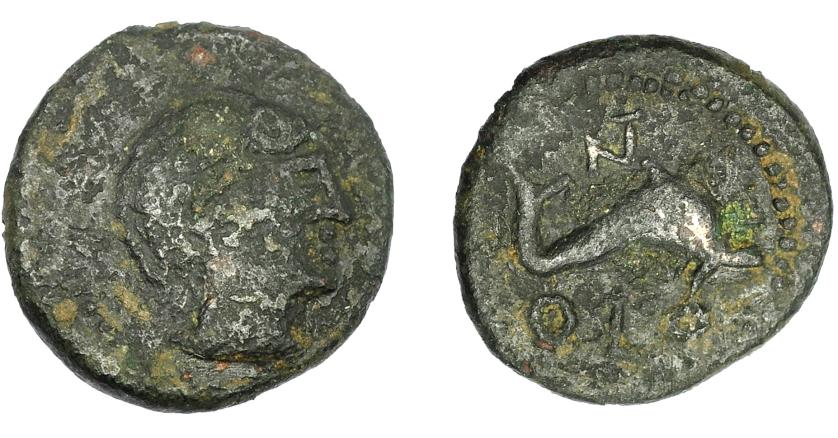 1594 - HISPANIA ANTIGUA. OLONTIGI. Cuarto. A/ Cabeza masculina a der. R/ Delfín a der. debajo OLO, encima NT. AE 2,07 g. 15,66 mm. I-1885. ACIP-867. Pátina oscura con erosiones. BC/MBC-. Rarísima. Ex Áureo, 17-10-2001, lote 3198.