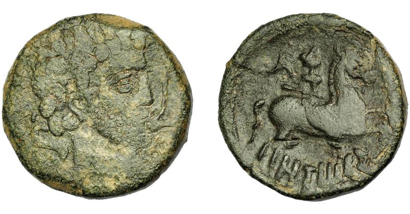 1595 - HISPANIA ANTIGUA. ONTIKES. Unidad. A/ Cabeza masculina con collar a der., delante arado, detrás delfín. R/ Jinete con lanza y triquetra a der., debajo ONTiKeS. AE7,83 g. 24,04 mm. I-1888. ACIP-1693. Pátina oscura. BC/BC+. Muy rara. Ex Vico, 13-11-1997, lote 64.