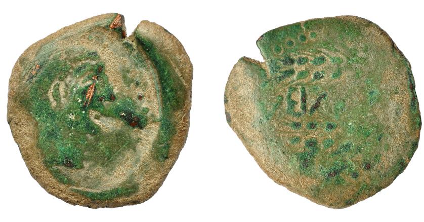1596 - HISPANIA ANTIGUA. ONUBA. As. A/ Cabeza masculina a der. R/ Dos espigas a der., en medio (ON)VBA, encima A y creciente poco visibles. AE 11,78 g. 29,68 mm. I-1889. ACIP-2415. Raya en anv. Pátina verde. RC. Muy rara. Compra privada Pliego (1994).