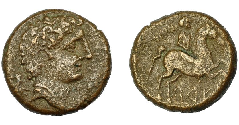 1600 - HISPANIA ANTIGUA. ORE. Unidad. A/ Cabeza masculina con cuello vestido a der., detrás toro. R/ Jinete con palma a der., debajo ley. ibérica ORE. AE 13,54 g. 25,04 mm- I-1897. ACIP-1322. Superficies rugosas. MBc. Ex Áureo, 19-10-1994, lote 112.