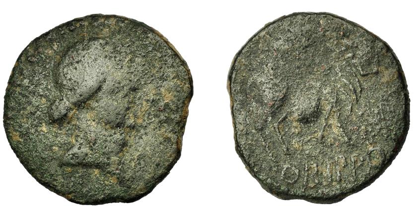 1604 - HISPANIA ANTIGUA. ORIPO. As. A/ Cabeza femenina con moño a der., delante racimo de uvas. R/ Toro a der., encima creciente no visible, debajo ORIPPO. AE8,57 g. 25,51 mm. I-1902. ACIP-2460. Pátina oscura. BC-/BC.