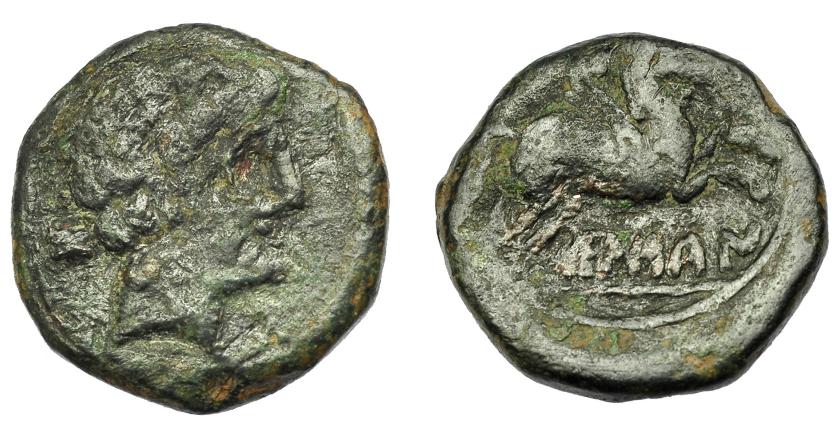 1615 - HISPANIA ANTIGUA. BOLSKAN-OSCA. Semis. A/ Cabeza masculina a der., detrás Bo. R/ Pegaso volando a der., debajo sobre línea BoLSKaN. AE 4,17 g. 18,06 mm. I-1921. ACIP-1420. Campos repasados. BC+. Rara.