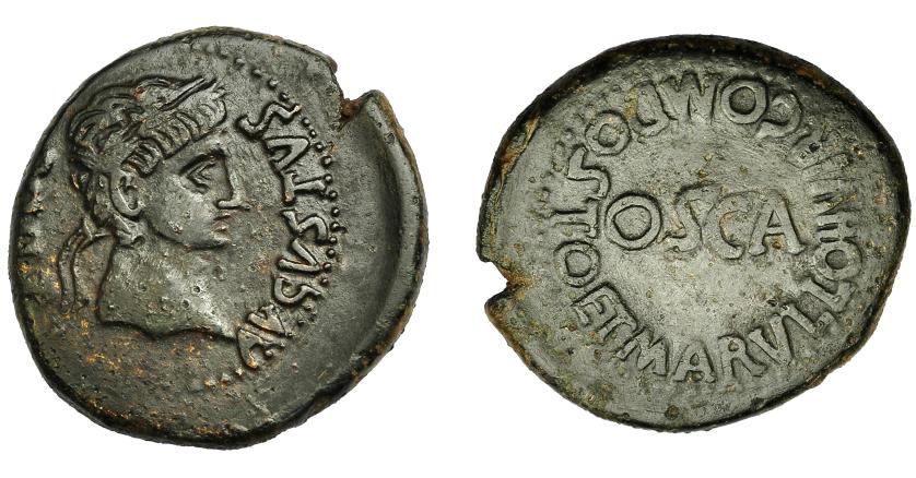 1622 - HISPANIA ANTIGUA. BOLSKAN-OSCA. Augusto. As. A/ Cabeza laureada a izq.; VGVSTVS DIVI F. R/ OSCA, alrededor COMPOSTO ET MARVLLO II VIR. AE 6,64 g. 23,85 mm. I-1932. APRH-286. ACIP-3214. Anv. ligeramente descetrnado. Pátina oscura. MBC/MBC-. Escasa. Ex Áureo, 16-12-1999, lote 4175.