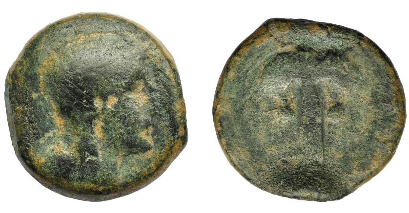 1070   -  HISPANIA ANTIGUA. BARIA. Calco. A/ Cabeza de Isis-Hathor a der. R/ Palmera con frutos. AE 19,84 g. 26,2 mm. I-213. ACIP-628. BC-/BC. Muy escasa.