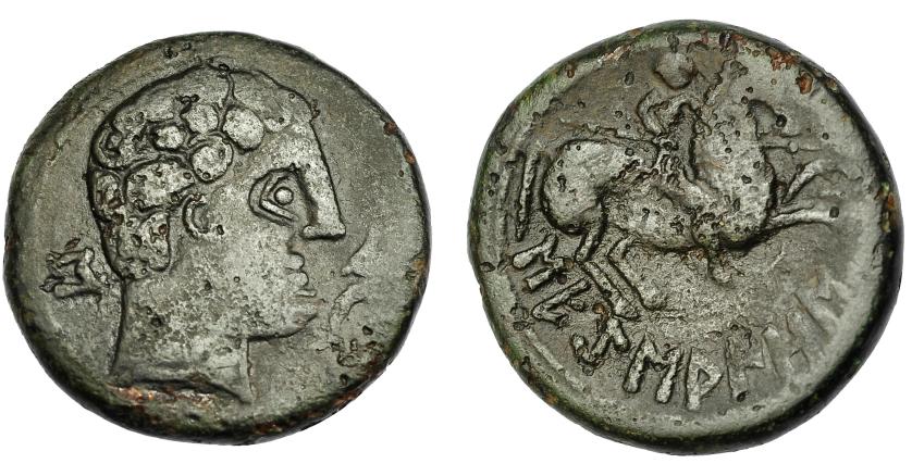 1711   -  HISPANIA ANTIGUA. SEKISAMOS. Unidad. A/ Cabeza masculina a der., delante delfín detrás signo ibérico S. R/ Jinete lancero a der., debajo SEKiSANOS. AE 9,69 g. 23,45 mm. I-2167. ACIP-1868. Pátina oscura con pequeñas erosiones. MBC. Rara. Ex Áureo, 11-5-1993, lote 392.