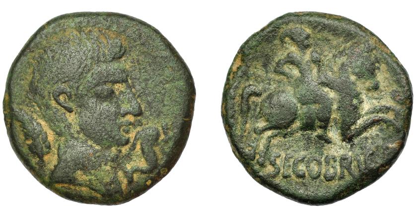 1721 - HISPANIA ANTIGUA. SEGOBRIGA. As. A/ Cabeza a der., delante delfín, detrás palma. R/ Jinete con palma, debajo SEGOBRIG(A). AE 10,17 g. 2,27 mm. I-2182. APRH-470a. ACIP-1844 (Konterbia Karbika). Pátina verde oscuro. MBC-. Ex Vico, 19-11-1992, lote 1012.