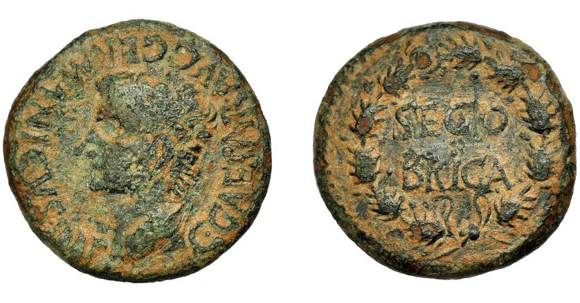 1728 - HISPANIA ANTIGUA. SEGOBRIGA. Calígula. Semis. A/ Cabeza laureada a izq.; C CAESAR AVG GERMANICVS IMP. R/ SEGO/BRIGA dentro de corona cívica. AE 6,18 g. 22,32 mm. I-2192. APRH-477. ACIP-3247. Pátina verde terrosa. BC+/MBC-.