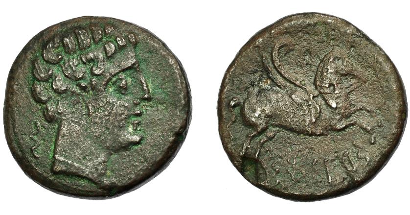 1733 - HISPANIA ANTIGUA. SESARS. Semis. A7 Cabeza masculina a der., detrás signo ibérico S. R/ Pegaso a der., debajo SESARS. AE 6,53 g. 20,89 mm. I-2200. ACIP-1408. Erosión en rev. Pátina oscura. MBC/MBC-. Rara. Ex Áureo, 26-4-1994, lote 2256.
