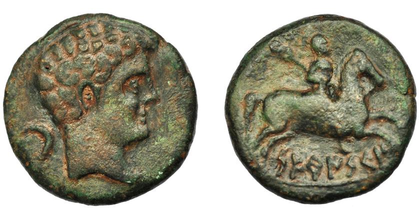1734 - HISPANIA ANTIGUA. SETEISKEN. As. A/ Cabeza masculina a der., detrás creciente. R/ Jinete con insignia a der., debajo sobre línea SETeISKeN. AE 9,83 g. 25,67 mm. I-2205. ACIP-1455. Campos repasados. Pátina verde. MBC-. Rara. Ex Vico, 11-11-1993, lote 130.