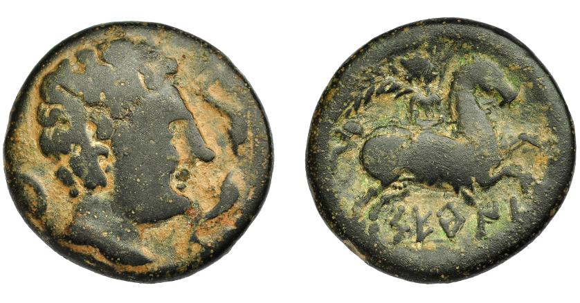 1735 - HISPANIA ANTIGUA. SETEISKEN. AS. A/ Cabeza masculina a der., delante dos delfines, detrás creciente. R/ Jinete con palma, debajo SETeIS. AE 15,60 g. 28,11 mm. I-2214. ACIP-1459. Pátina oscura. BC+. Rara. Ex Áureo, 20-10-1993, lote 2171.