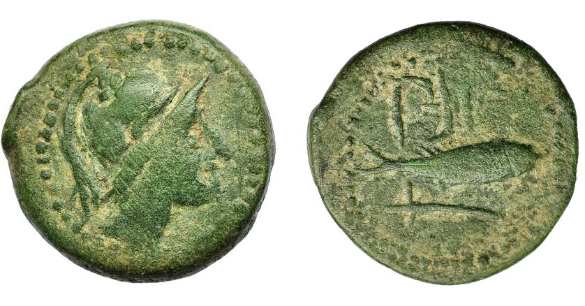 1743   -  HISPANIA ANTIGUA. SEKS. Mitad. A/ Cabeza con casco a der. R/ Atún a der., encima sks, debajo aleph. AE 5,66 g. 19,6 mm. I-2241. ACIP-825. Pátina verde. MBC-. Muy escasa. Ex Áureo, 29-9-1998, lote 945. 