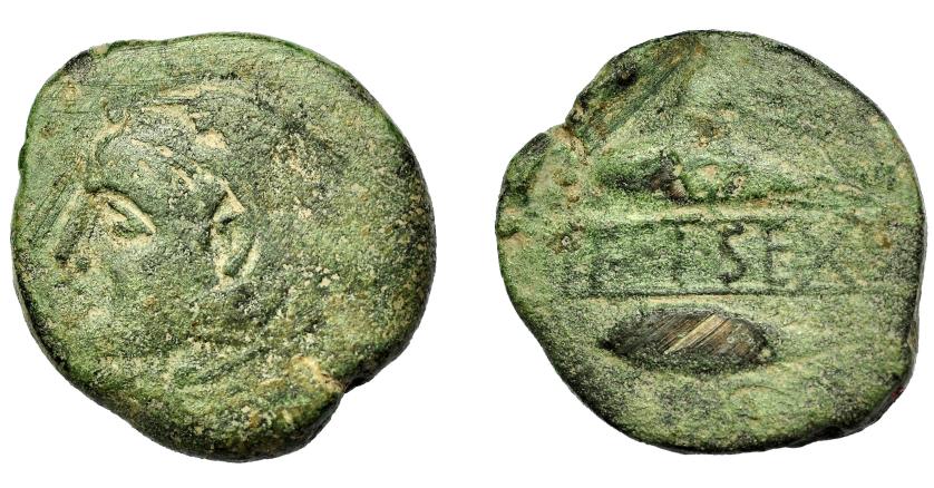 1746 - HISPANIA ANTIGUA. SEKS. Unidad. A/ Cabeza de Melkart a izq. con leonté y clava. R/ Dos atunes a izq., encima aleph y debajo yod, en medio, en cartela F I SEXS. AE 15,81 g. 27,51 mm. I-2236. ACIP-831. Pátina verde. BC+. Rara. Ex Áureo, 29-9-1998, lote 944.