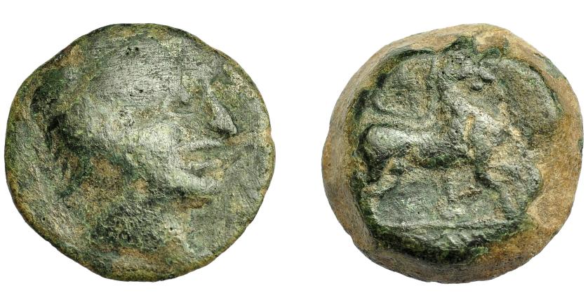 1749 - HISPANIA ANTIGUA. ¿SISAPO? Unidad. A/ Cabeza masculina a der. R/ Caballo a der., por detrás palma, delante creciente con glóbulo; bajo línea ley. fenicia no legible. AE 10,33 g. 22,06 mm. I-2252. ACIP-899 (incierta).Pátina verde. BC/BC+. Rarísima.