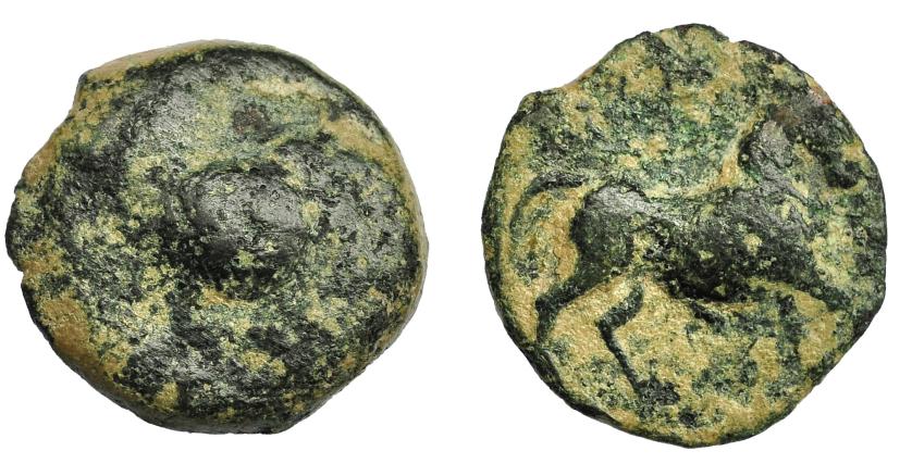 1752   -  HISPANIA ANTIGUA. ¿SISAPO? Unidad. A/ Cabeza masculina a der.? R/ Caballo a der. AE 4,39 g. 17,78 mm. I-2252? ACIP-no. Pátina verde con erosiones. MC/BC-. compra privada a Pliego (1998).