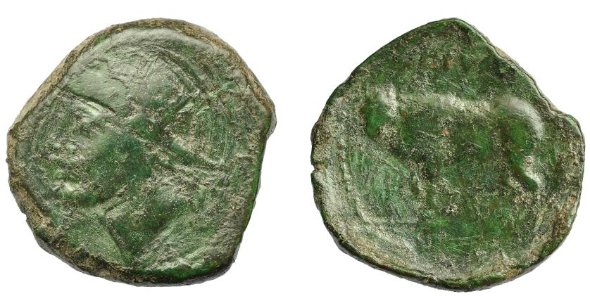 1754 - HISPANIA ANTIGUA. SISIPO. As. A/ Cabeza con casco a der. R/ Toro parado a izq., encima (DE)TVMO, debajo S(ISIPO). AE 12,85 g. 28,64 mm. I-2254. ACIP-2499. Pátina verde. BC/BC+. Muy rara. Compra privada Pliego (1999).