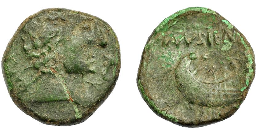 1756 - HISPANIA ANTIGUA. TAMUSIENS. As. A/ Cabeza masculina a der., delante delfín, detrás signos ibéricos TaM. R/ Nave con remeros a der., encima TAMVSIEN(SI). AE 18,77 g. 19,85 mm. I-2263. ACIP-2503. Rev. algo descentrado. Raya en anv. Pátina verde con erosiones. MBC-. Muy rara.