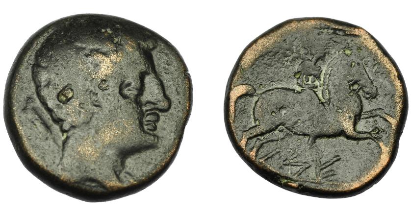 1764 - HISPANIA ANTIGUA. KESE-TARRACO. Unidad. A/ Cabeza masculina con cuello vestido a der., detrás timón. R/ Jinete con palma a der., debajo sobre líne KeSE. Ae 11,60 g. 24,57 mm. I-2279. ACIP-1178. Pátina oscura. BC+. Ex Áureo, 16-12-1993, lote 456.