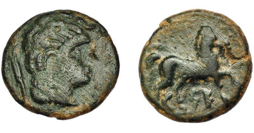 1765 - HISPANIA ANTIGUA. KESE-TARRACO.Mitad. A/ Cabeza masculina a der., detrás timón. R/ Caballo a der., debajo KeSE. AE 4,36 g. 18,34 mm. I-2310. ACIP-1180. Defecto de cospel en rev. Campos repasados. Pátina verde. MBC-/BC+. Ex Áureo, 15-12-1994, lote 2280.