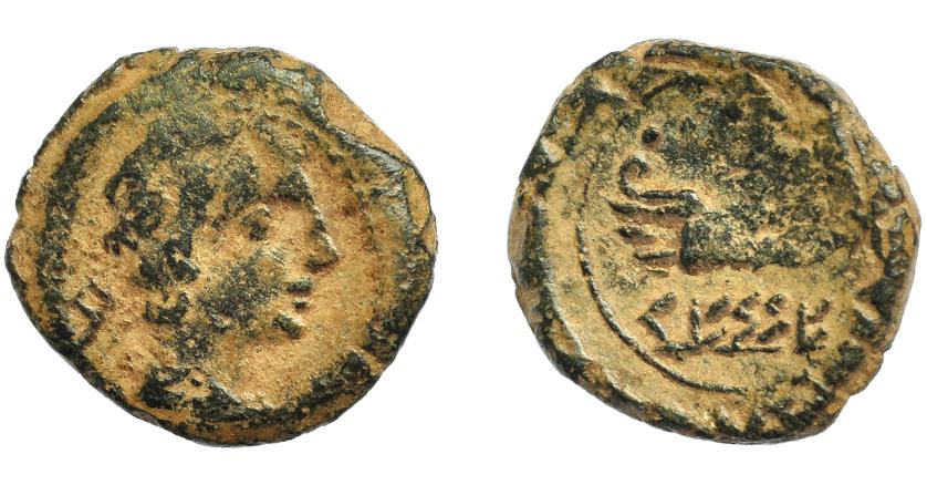 1768 - HISPANIA ANTIGUA. KESE-TARRACO. Cuadrante. A/ Cabeza masculina a der., detrás signo ibérico Be. R/ Prótomo de Pegaso a der., encima tres glóbulos, debajo sobre línea KeSSE. AE 3,04 g. 16,82 mm. I-2353. ACIP-1204. Vano en rev. Pátina verde. BC+/MBC-. Muy escasa.