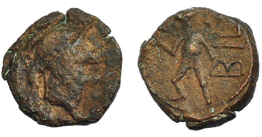 1096   -  HISPANIA ANTIGUA. BILBILIS. Cuadrante. A/ Cabeza con casco a der. R/ Figura avanzando a izq., detrás 3 glóblos y BIL. AE 2,36 g. 14,9 mm. I-273. ACIP-1583. BC+/MBC. Muy rara. Ex Áureo, 27-6-1995, lote 127. 