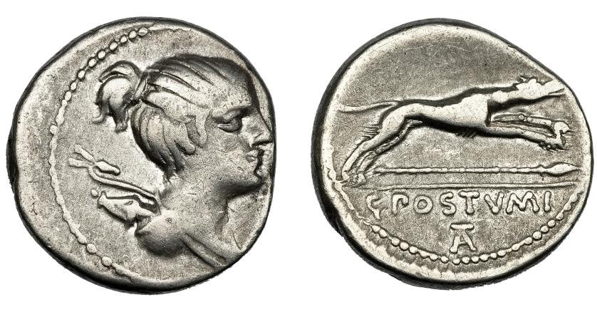 111   -  REPÚBLICA ROMANA. POSTUMIA. Denario. Roma (74 a.C.). R/ Perro a der., debajo lanza; en exergo C POSTVMI/TA. AR 3,54 g. 17,93 mm. CRAW-1073. FFC-1073. MBC-.