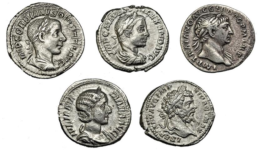 143   -  IMPERIO ROMANO. Lote de 5 denarios: Trajano, Septimio Severo, Julia Mamea, Alejandro Severo y Gordiano III. MBC+/MBC-.