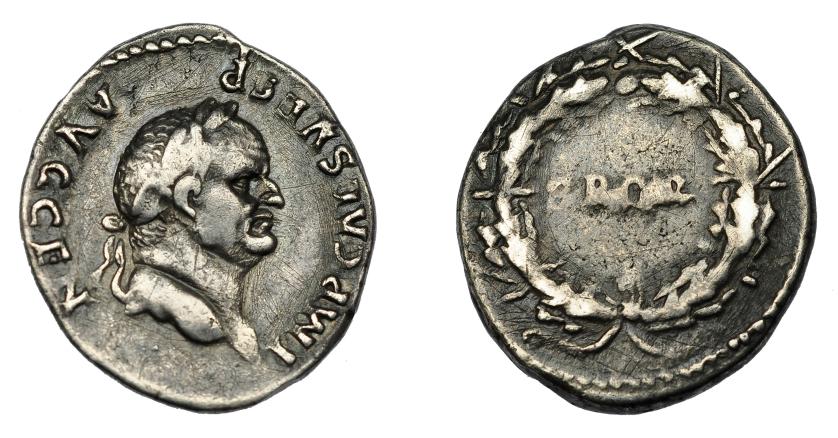 158   -  IMPERIO ROMANO. VESPASIANO. Denario. Roma (73 d.C.). A/ Cabeza laureada a der. R/ S P Q R dentro de corona cívica. AR 3,03 g. 19,32 mm. RIC-66b. MBC/MBC-.