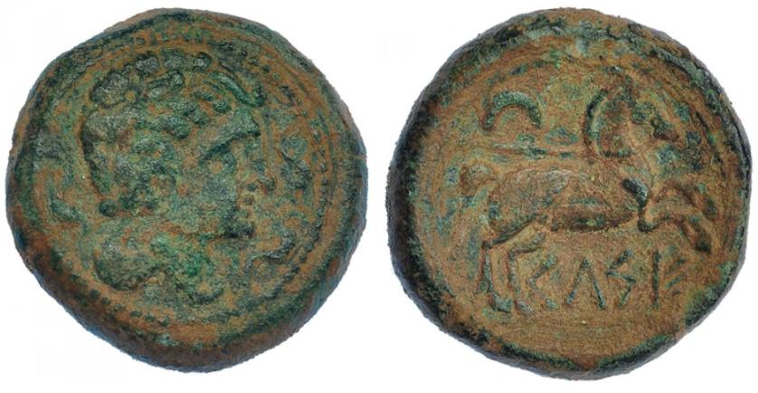 16   -  HISPANIA ANTIGUA. KELSE. Semis. A/ Cabeza masculina con cuello vestido a der., alrededor tres delfines. R/ Caballo saltando a der., encima creciente; KELSE. AE 11,30 g. 23,56 mm. I-787. ACIP-1484. Pátina verde rugosa. MBC-/MBC. Muy escasa.