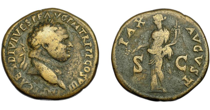 161   -  IMPERIO ROMANO. TITO. Sestercio. R/ Pax drapeada a izq. con rama de olivo y cornucopia, SC; PAX AVGVST. AE 25,32 g. 34,5 mm. RIC-498. MBC-/BC+.