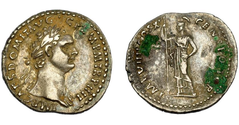 162   -  IMPERIO ROMANO. DOMICIANO. Denario. R/ Minerva con lanza a izq.; IMP VIIII COS XI. AR 3,48 g. 21,01 mm. RIC- 329. MBC+/MBC. Concreciones.