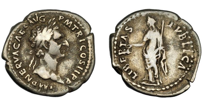 164   -  IMPERIO ROMANO. NERVA. Denario. R/ Libertas a izq., con pileus y lanza corta; LIBERTAS PVBLICA. AR 3,32 g. 20,71 mm. RIC-7. MBC-.