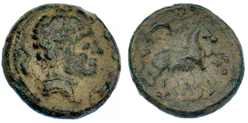 17   -  HISPANIA ANTIGUA. KELSE. Semis. A/ Cabeza masculina con cuello vestido a der., alrededor tres delfines. R/ Caballo saltando a der., encima creciente, debajo bajo línea ley. ibérica KeLSE. AE 6,39 g. 20,89 mm. I-787. ACIP-1484. Pátina verde terrosa. MBC-. Escasa.