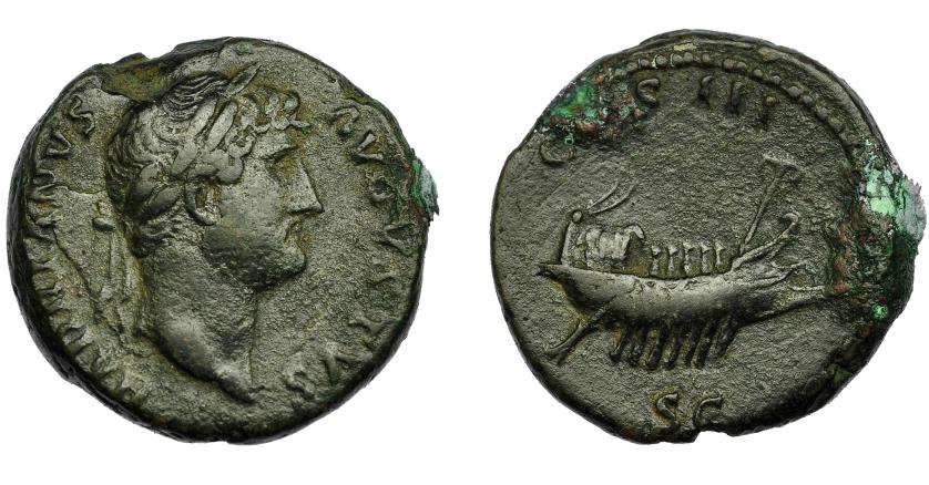 179   -  IMPERIO ROMANO. ADRIANO. As. R/ Barco a der., alrededor COS III SC. AE 12,22 g. 26,02 mm. RIC-821.  MBC-.