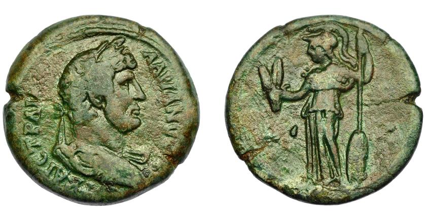 182   -  IMPERIO ROMANO. ADRIANO. AE 34. Alejandría (132-133 d.C.). A/ Busto laureado y drapeado a der. R/ Minerva a izq. con espigas y lanza. Año de reinado LIZ (17). AE 26,11 g. 34,55 mm. RPC-5825. BC+. Fina grieta.