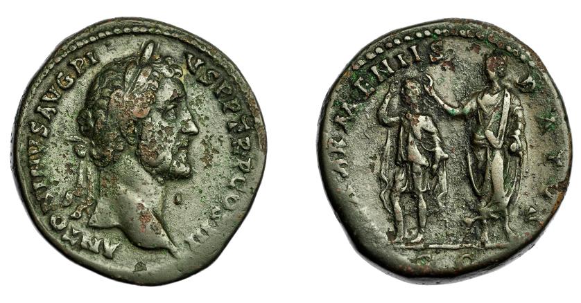 185   -  IMPERIO ROMANO. ANTONINO PÍO. Sestercio. Roma (140-141). A/ Cabeza laureada a der.; ANTONINVS AVG PIVS P P TR P COS III. R/ El emperador con la tiara del rey de Armenia; REX ARMENIIS DATVS, SC. AE 23,17 g. 32,48 mm. RIC-619. MBC-. 