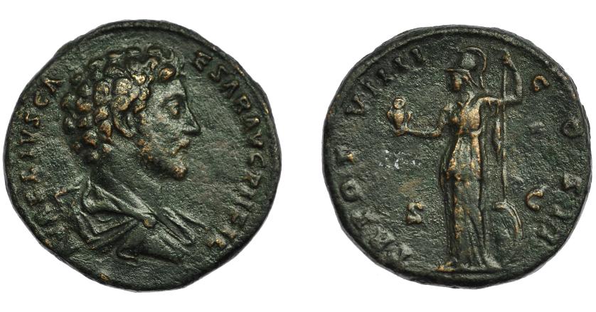 186   -  IMPERIO ROMANO. MARCO AURELIO (bajo Antonino Pío). Sestercio. A/ Busto drapeado a der. R/ Minerva a izq. con lechuza, escudo y lanza; TR POT VIIII COS, S-C. AE 25,64 g. 31,6 mm. RIC-1321. MBC-.