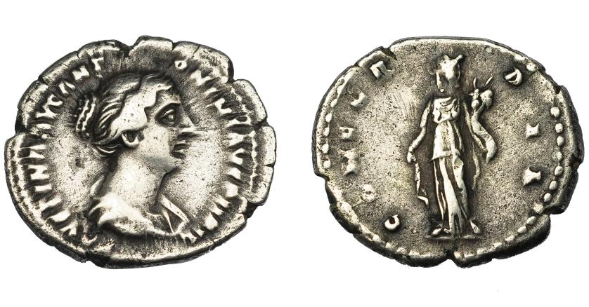 189   -  IMPERIO ROMANO. FAUSTINA LA MENOR (bajo Antonino Pío). Denario. Roma (145-147). R/ Concordia de frente con cornucopia; CONCORDIA. AR 3,56 g. 20,56 mm. RIC-500b. BC+. 