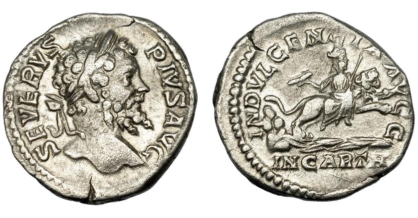 194   -  IMPERIO ROMANO. SEPTIMIO SEVERO. Denario. Roma (204). R/ Dea Caelestis con haz de rayos y cetro, cabalgando en león sobre el agua; INDVLGENTIA AVGG, en exergo IN CARTH. AR 2,89 g. 18,38 mm. RIC-266. MBC.