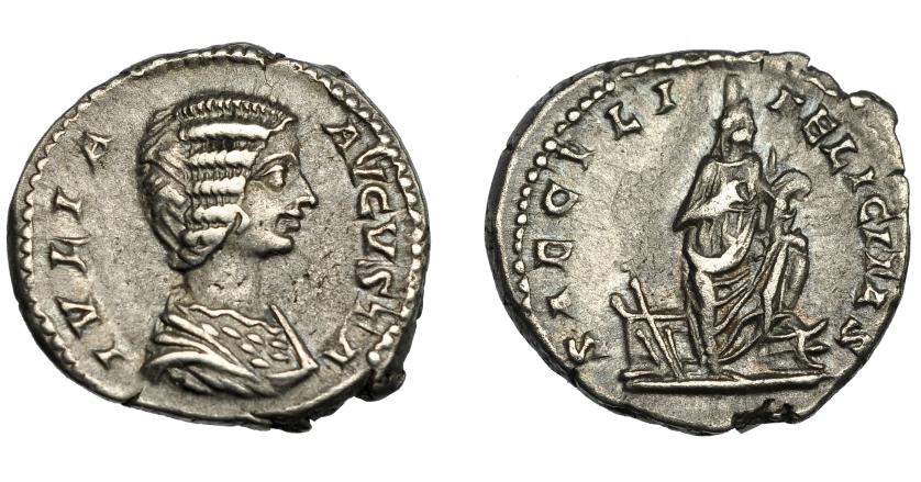 196   -  IMPERIO ROMANO. JULIA DOMNA (esposa de Septimio Severo). Denario. Roma (196-211). A/ Busto drapeado a der. R/ Isis  a der. con Horus en brazos y pie sobre proa; a izq., altar y timón; SAECVLI FELICITAS. AR 3,38 g. 19,33 mm. RIC-577. MBC.