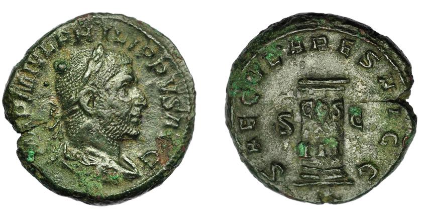 205   -  IMPERIO ROMANO. FILIPO I. As. Roma (248). Conmemoración del 1000 aniversario de Roma. R/ Columna con inscripción COS/III. En dos líneas; SAECVLARES AVGG, SC. AE 10,68 g. 25,43 mm. RIC-162b. Fina grieta. MBC.