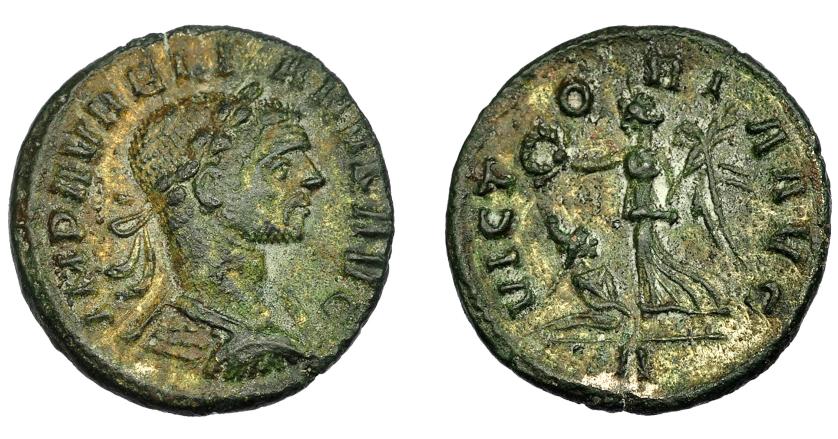 208   -  IMPERIO ROMANO. AURELIANO. Denario. Roma (275). R/ Victoria con corona y palma a izq., cautivo a sus pies; VICTORIA AVG. AR 2,3 g. 18,65 mm. RIC-73. MBC.