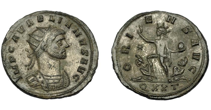 209   -  IMPERIO ROMANO.  AURELIANO. Antoniniano. Ticinum (274). R/ Sol avanzando a izq., a sus pies dos cautivos; ORIENS AVG, exergo QXXT. VE 3,52 g. 23,21 mm. RIC-151. MBC-.