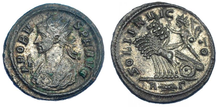 214   -  IMPERIO ROMANO. PROBO. Antoniniano. Roma (281). R/ Sol en cuadriga a izq.; SOLI INVICTO, exergo marca de ceca R-haz de rayos- G. VE 3,81 g. 21,75 mm.RIC-203. MBC-/MBC+.