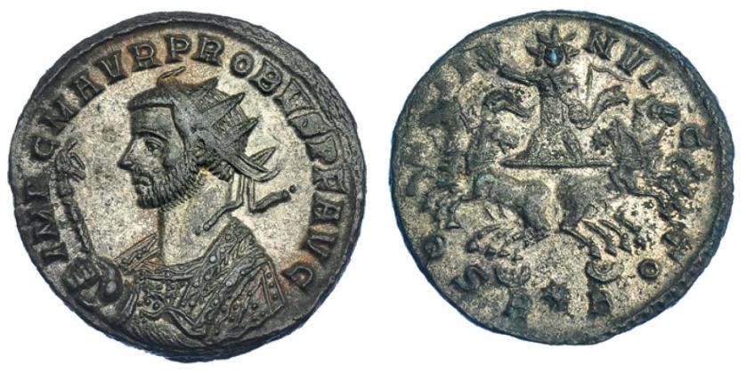 215   -  IMPERIO ROMANO. PROBO. Antoniniano. Roma (277). R/ Sol en cuadriga frontal; SOLI INVICTO, en exergo marca de ceca R*B. VEe 3,41 g. 21,5 mm. RIC-204. MBC+/MBC. R.P.O. 