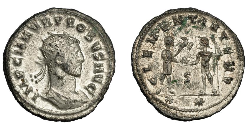 218   -  IMPERIO ROMANO. PROBO. Antoniniano. Cizycus. R/ Probo con cetro rematado en águila recibe globo de Júpiter frente a él; CLEMENTIA TEMP, S/XXI*. VE 3,66 g. 22,9 mm. RIC-905. MBC/MBC+. P.O.