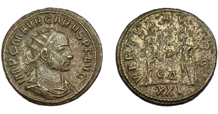 223   -  IMPERIO ROMANO. CARO. Antoniniano. Antioquía (282-283). R/ Caro a der., con cetro recibiendo globo de Júpiter; VIRTVS AVGGG; marca de ceca ED/ XXI. VE 4,39 g. 21,03 mm. RIC-125. MBC-.